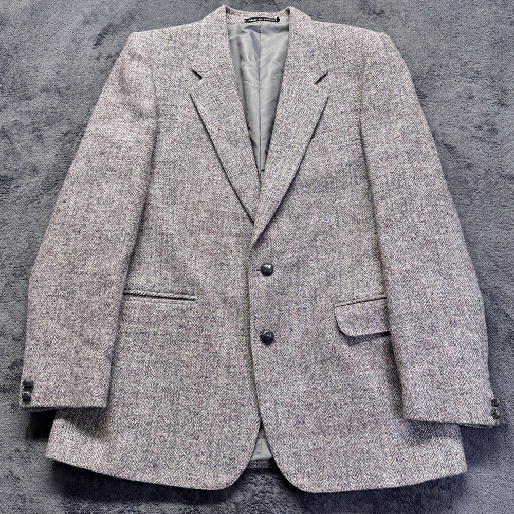 Dunn & Co Harris Tweed Blazer Mens 42 Long Grey Herringbone Wool Sports Coat